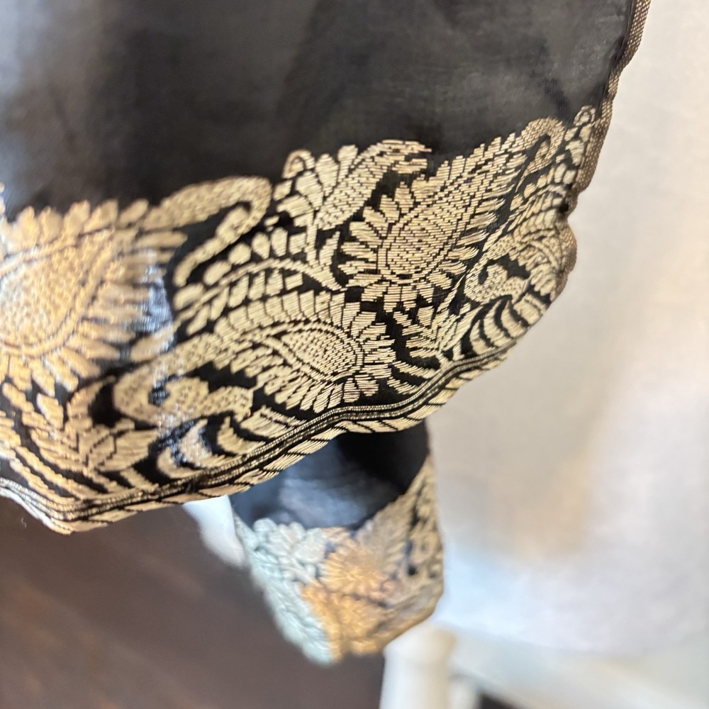 Royal Silk Scarf Black Silk With Gold Metallic Motif And Trim Elegant Art Lux - Picture 2 of 12